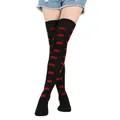 Stylish black over-the-knee socks with red lips pattern for Valentine's Day party - One Size / Black Socks with Red Lip