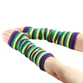 Longues mitaines rayées de Mardi Gras en couleurs vives violette verte et jaune - Taille unique / Manchettes longues sans doigts / Rayé Violet Vert Jaune (50)