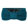 Gros plan d'un bandeau en tricot bleu sarcelle avec doublure polaire grise pour la chaleur - Bleu sarcelle