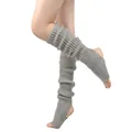Detailed macro view of grey ribbed knitted leg warmers with stirrup design for yoga practice - One Size / Light Gray