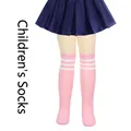 Girls' pink knee-high socks featuring three white stripes, soft cotton knit variant - One Size (7-12 Years) / Pink with White Stripes