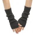 Detailed view of dark grey knitted fingerless arm warmers with a slouchy ribbed texture - One Size / Dark Gray