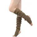 Close-up of brown knitted yoga leg warmers with stirrup design for ballet and dance - One Size / Khaki