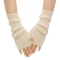 Detailed view of beige ribbed knitted fingerless gloves showing texture on hands - One Size / Light Beige