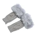 Detail view of chunky grey diamond knit texture and fluffy faux fur trim on wrist - One Size / Light Gray