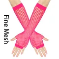 Vibrant neon pink long fishnet fingerless gloves with thumb hole for parties - One Size / Fluorescent Rose Red