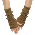 Close-up detail of brown ribbed knit fingerless gloves worn as stylish arm warmers - One Size / Khaki