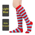 Chaussettes montantes à rayures larges rouge et bleu clair pour cosplay de femme - Taille unique / Large Rayure / Bleu Clair et Rouge