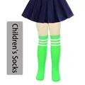 Neon green children's knitted knee-high socks with three white stripes for cosplay - One Size (7-12 Years) / Fruit Green with White Stripes