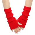 Detailed view of red knitted fingerless arm warmers featuring a stylish ribbed texture. - One Size / Red