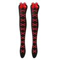 Detail of black thigh-high socks with red bows and crossbone print for cosplay. - One Size / Red Bone/Black Stockings