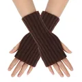 Dark brown acrylic knitted fingerless gloves warm winter arm warmers sleeves for women - One Size / Coffee
