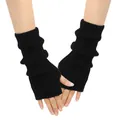 Detailed view of black knitted fingerless arm warmers with a ribbed texture and soft feel - One Size / Black