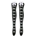 Detailed view of black over-the-knee socks featuring white bone pattern and satin bow - One Size / White Bone/Black Stockings
