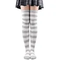 Bas montants à rayures grises et blanches, parfaits pour le cosplay ou les fêtes. - Taille unique / Rayures Larges (18) / Blanc + Gris Clair