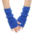 Close-up detail of blue knitted fingerless arm warmers featuring a soft ribbed texture - One Size / Blue