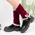 Detailed view of burgundy knitted leg warmers with lace trim and decorative buttons - One Size / Burgundy