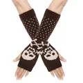 Warm knit fingerless long gloves with white skull pattern on dark brown acrylic yarn - One Size / Coffee