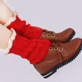Cozy red knitted leg warmers featuring elegant white lace trim for autumn and winter boots - One Size / Red