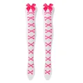Bas blancs au-dessus du genou avec nœuds en satin rose et motifs d'os croisés décoratifs. - Taille unique / Os Rouge Rose/Blanc