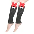 Detailed view of grey ribbed knit leg warmers featuring red bows and white faux fur trim - One Size / Dark Gray