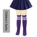 Girls' purple knee-high socks with three white stripes ideal for school and cosplay - One Size (7-12 Years) / Purple with White Stripes