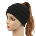 Warm black wide knitted headband with ponytail hole for women's winter messy bun look. - Black