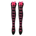 Detail of black over-the-knee socks featuring pink cross-bone patterns and satin bows - One Size / Rose Bone/Black Stockings