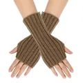 Macro view of brown ribbed knit fingerless arm warmers worn on crossed human arms - One Size / Khaki