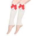White ribbed knit leg warmers decorated with red satin bows and plush white pompoms. - One Size / White