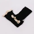 Black cable knit leg warmers with cream lace trim, short boot cuffs for winter warmth. - One Size / Black