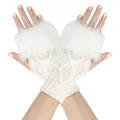 Detailed view of white knitted fingerless gloves featuring soft faux fur trim and diamond pattern - One Size / White
