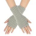 Close-up view of grey ribbed knitted fingerless arm warmers showing soft wool texture. - One Size / Light Gray