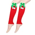 Detail of red knitted Christmas leg warmers with green bows and white pom poms - One Size / Red (Green Pom Poms)