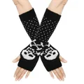 Warm knitted fingerless long gloves with white skull pattern and dots in black color - One Size / Black