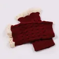 Elegant burgundy knit leg warmers featuring intricate white lace trim for winter warmth - One Size / Burgundy