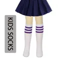 White children's knee high socks with three purple stripes in a classic knit design - One Size (7-12 Years) / White / Purple Stripe