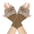Cozy knit fingerless gloves with plush faux fur trim and elegant diamond pattern - One Size / Khaki