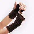Elegant brown knitted fingerless gloves featuring white lace trim for winter warmth and style - One Size / Coffee