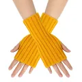 Detailed view of yellow knitted fingerless arm warmers with a vertical ribbed texture - One Size / Turmeric
