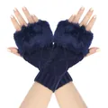 Close-up of navy blue knit fingerless gloves with faux fur trim and diamond pattern - One Size / Navy Blue