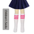 White children's knee-high socks with three pink stripes for cosplay and school uniforms - One Size (7-12 Years) / White with Rose Red Stripes
