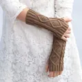 Stylish cocoa brown cable knit fingerless arm warmers and gloves for cozy winter wear - One Size / Khaki