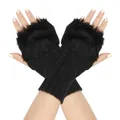 Detailed view of black knitted fingerless gloves featuring soft faux fur trim cuffs - One Size / Black