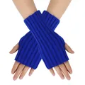 Close-up detail of bright blue ribbed knit fingerless arm warmers shown on crossed hands - One Size / Sapphire Blue