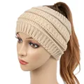 Beige cable knit ponytail headband for women, stylish winter ear warmer turban wrap - Beige