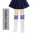 White children's knee-high knit socks featuring classic three-stripe blue athletic design - One Size (7-12 Years) / White / Blue Stripe