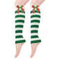Festive green and white striped Christmas leg warmers with red bows and plush trim - One Size / Green And White Striped (6#)