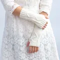 Soft white cable knit fingerless gloves and thermal arm warmers for women's winter wear - One Size / White