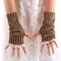 Warm brown acrylic knit fingerless gloves for women with elegant white lace trim detail - One Size / Khaki